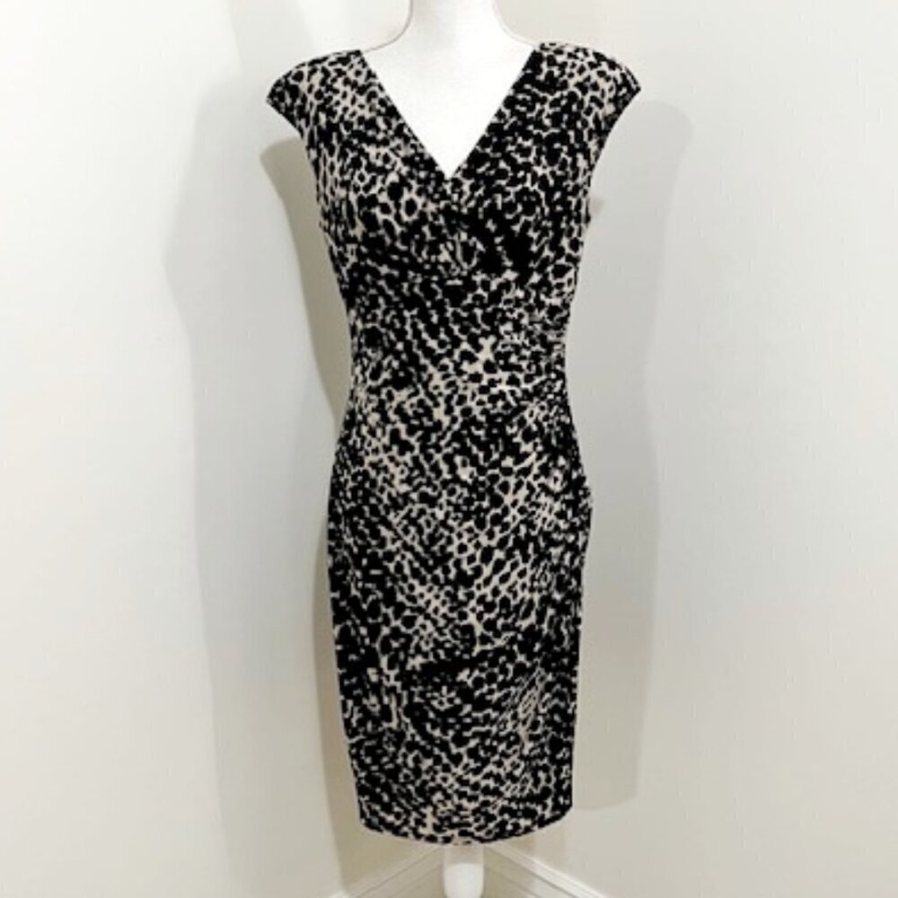 Lauren Ralph Lauren Black Tan Animal Print Faux Wrap Dress Ruched V-Neck Size 8